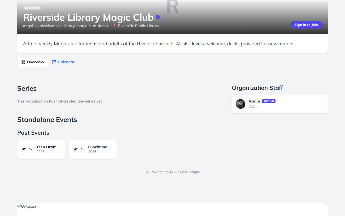 A community organization's public MTGSL profile page