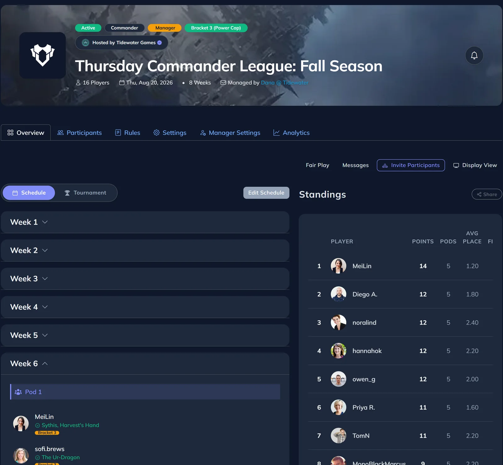 MTGSL league home, the player-facing view